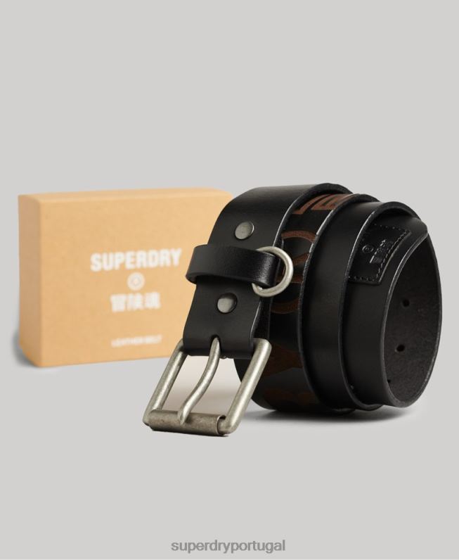caixa de presente de cinto de couro em relevo homens preto acessórios Superdry 2208H6453