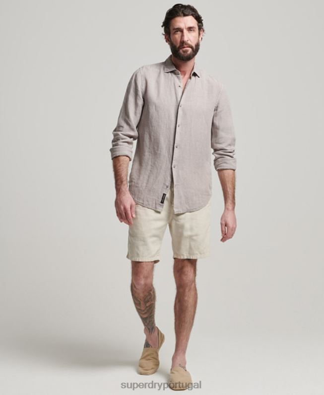 camisa casual de manga longa de linho homens cinza escuro roupas Superdry 2208H134