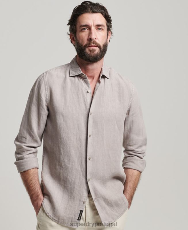 camisa casual de manga longa de linho homens cinza escuro roupas Superdry 2208H134