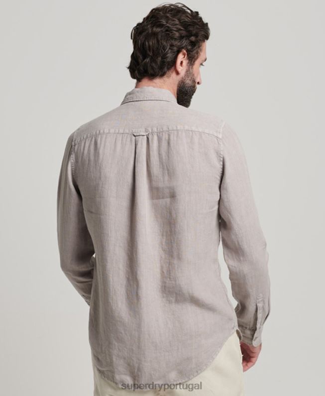 camisa casual de manga longa de linho homens cinza escuro roupas Superdry 2208H134