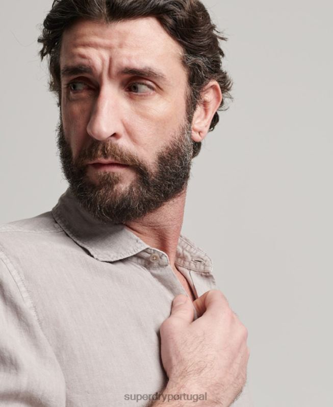 camisa casual de manga longa de linho homens cinza escuro roupas Superdry 2208H134