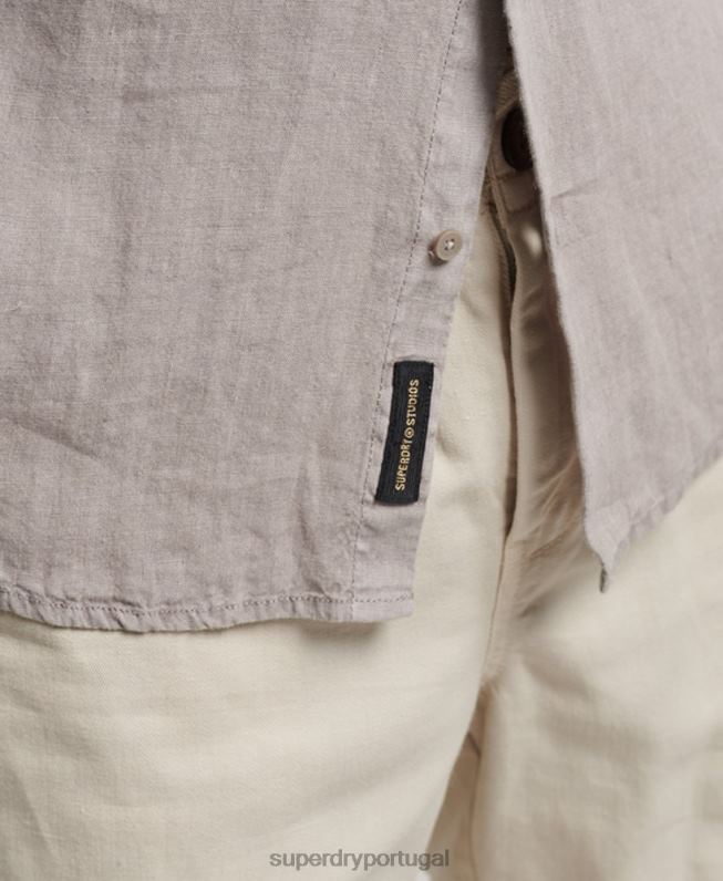 camisa casual de manga longa de linho homens cinza escuro roupas Superdry 2208H134