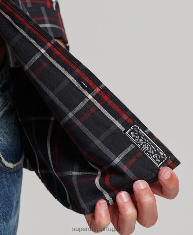 camisa de algodão xadrez homens preto roupas Superdry 2208H151