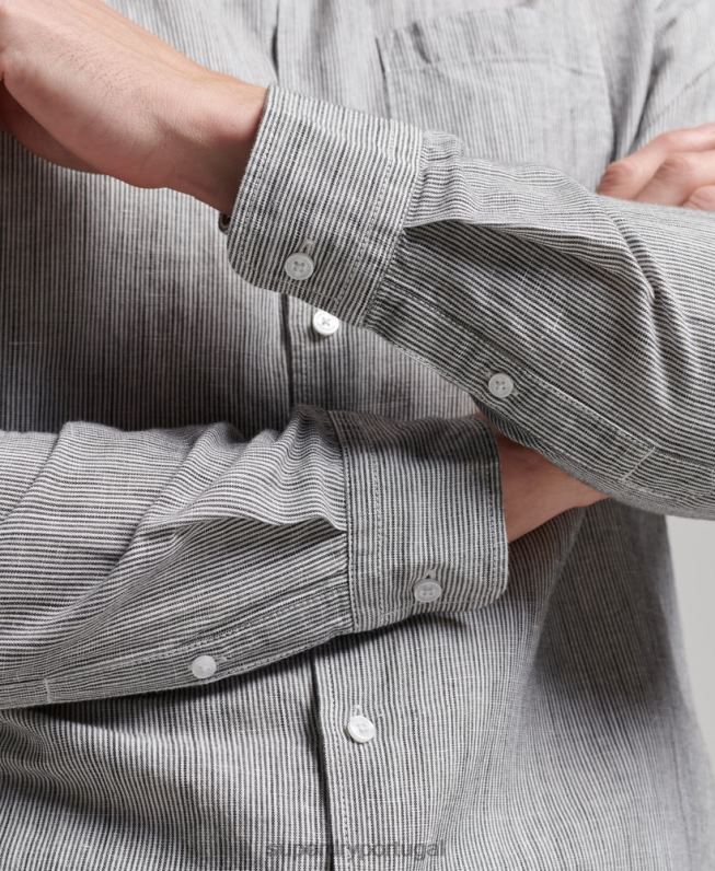 camisa de botão de linho studios de algodão orgânico homens cinza claro roupas Superdry 2208H136