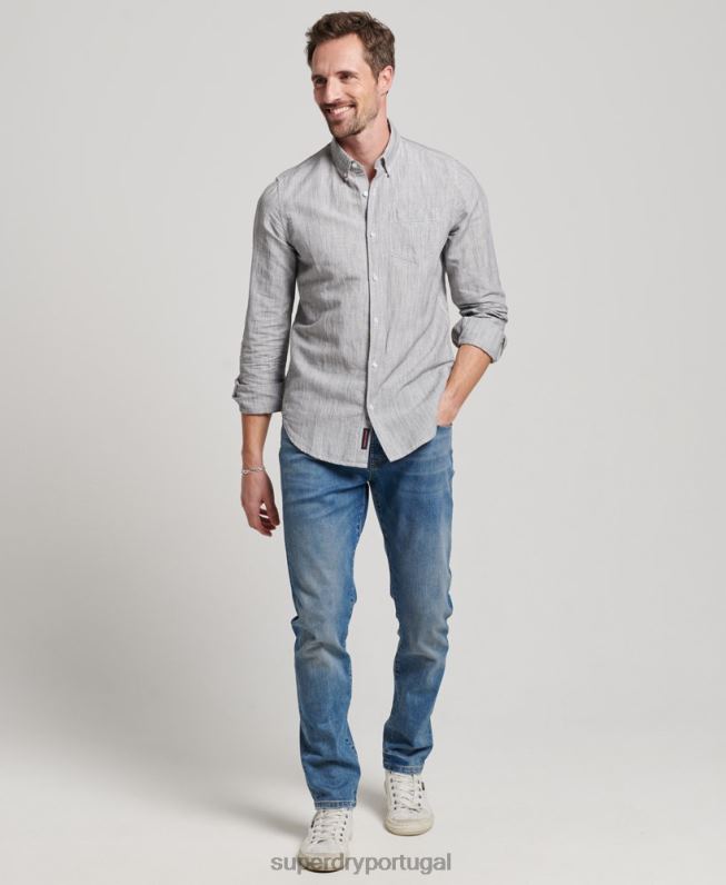camisa de botão de linho studios de algodão orgânico homens cinza claro roupas Superdry 2208H136