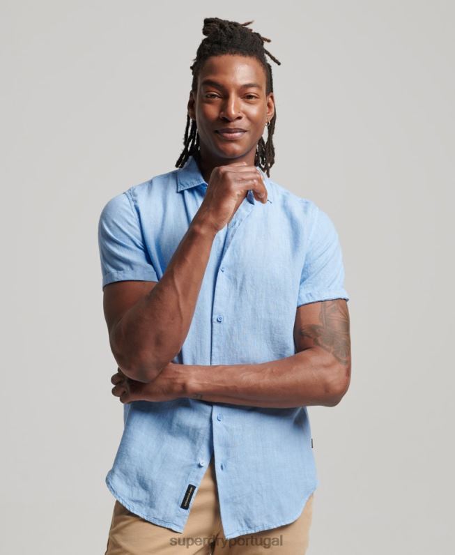 camisa de linho casual studios homens azul roupas Superdry 2208H16