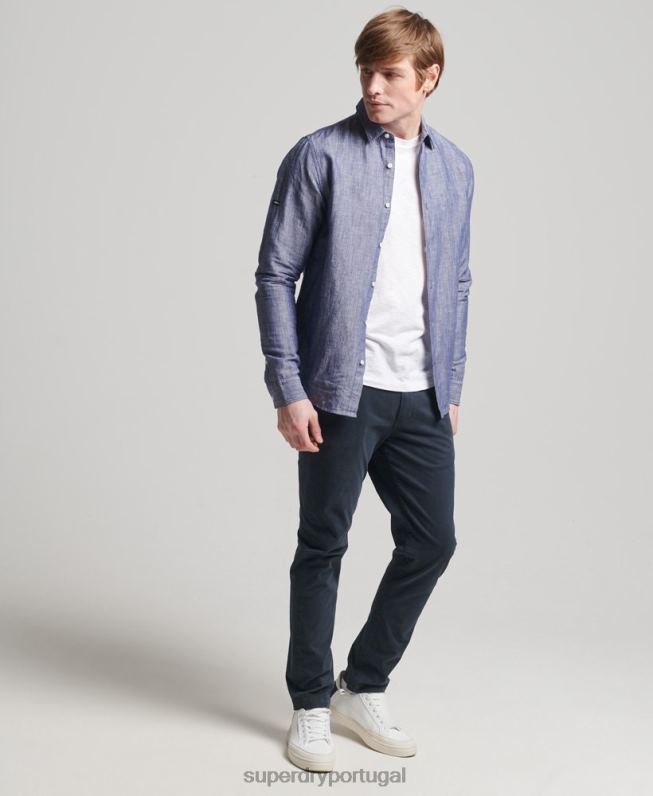 camisa de manga comprida de algodão orgânico e linho homens azul escuro roupas Superdry 2208H6398