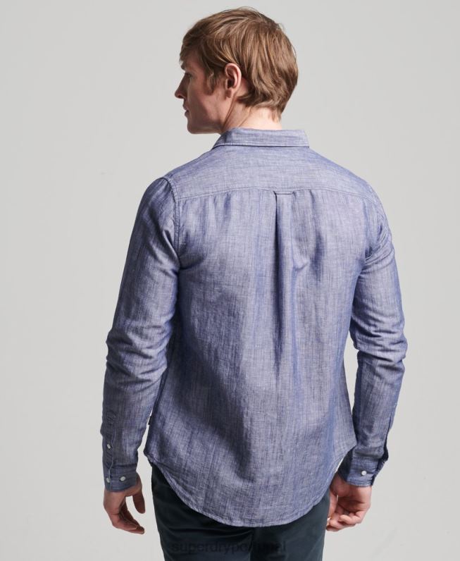 camisa de manga comprida de algodão orgânico e linho homens azul escuro roupas Superdry 2208H6398