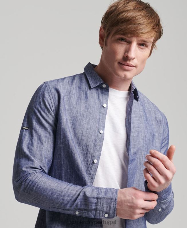 camisa de manga comprida de algodão orgânico e linho homens azul escuro roupas Superdry 2208H6398
