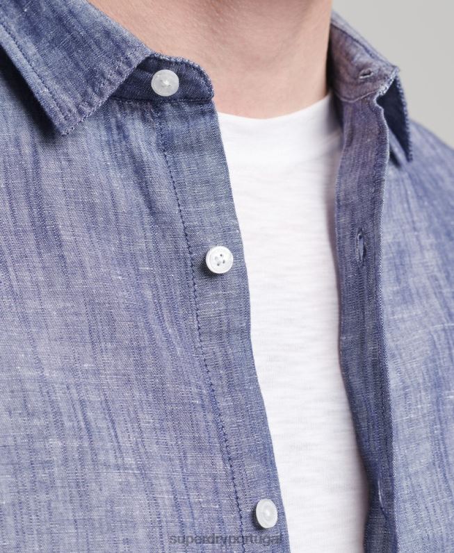 camisa de manga comprida de algodão orgânico e linho homens azul escuro roupas Superdry 2208H6398