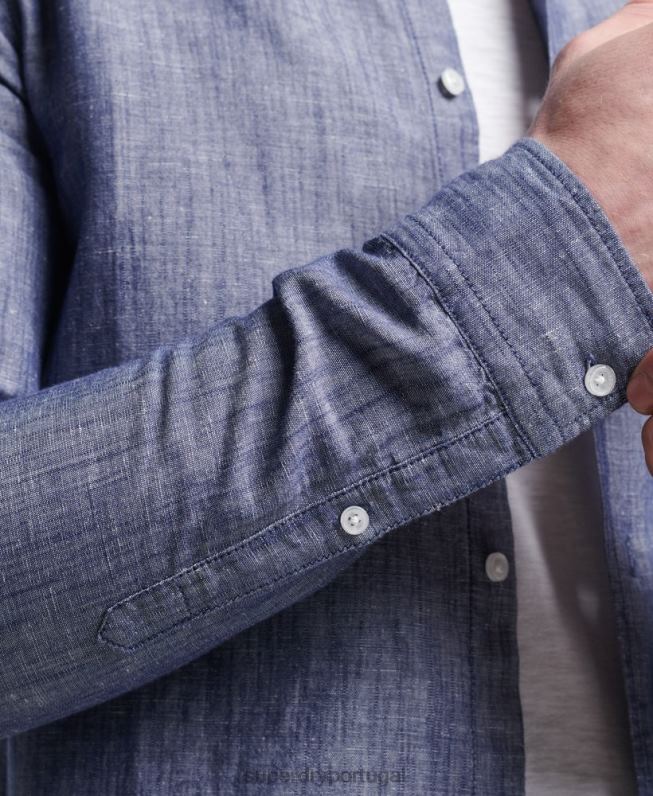 camisa de manga comprida de algodão orgânico e linho homens azul escuro roupas Superdry 2208H6398