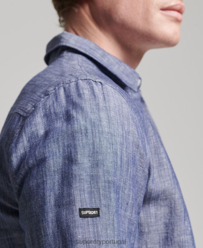 camisa de manga comprida de algodão orgânico e linho homens azul escuro roupas Superdry 2208H6398