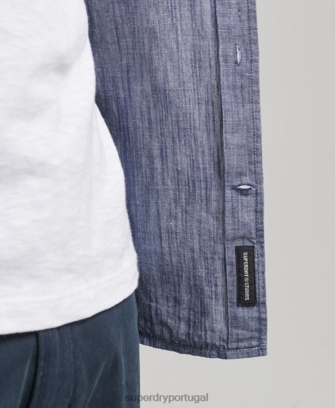 camisa de manga comprida de algodão orgânico e linho homens azul escuro roupas Superdry 2208H6398