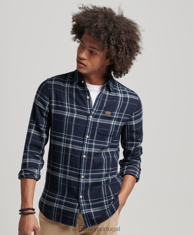 camisa de manga comprida de algodão para trabalho homens azul escuro roupas Superdry 2208H137