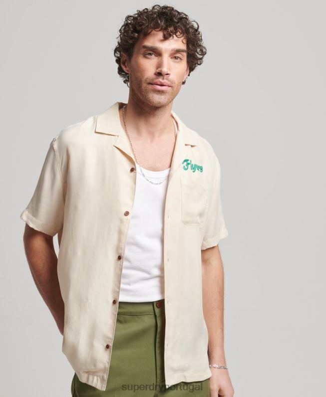 camisa de manga curta de boliche vintage homens creme roupas Superdry 2208H170