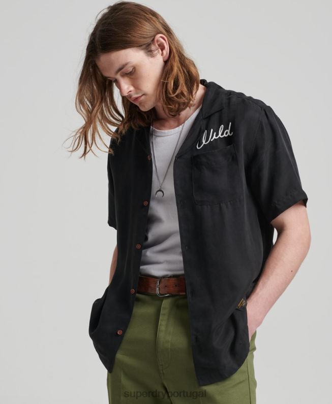 camisa de manga curta de boliche vintage homens preto roupas Superdry 2208H172
