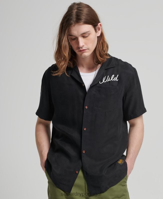 camisa de manga curta de boliche vintage homens preto roupas Superdry 2208H172