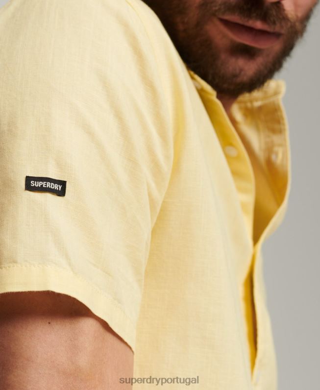 camisa de manga curta de linho de algodão orgânico homens amarelo roupas Superdry 2208H125