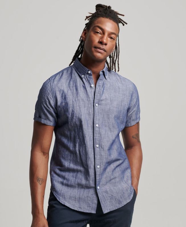 camisa de manga curta de linho de algodão orgânico homens azul escuro roupas Superdry 2208H198