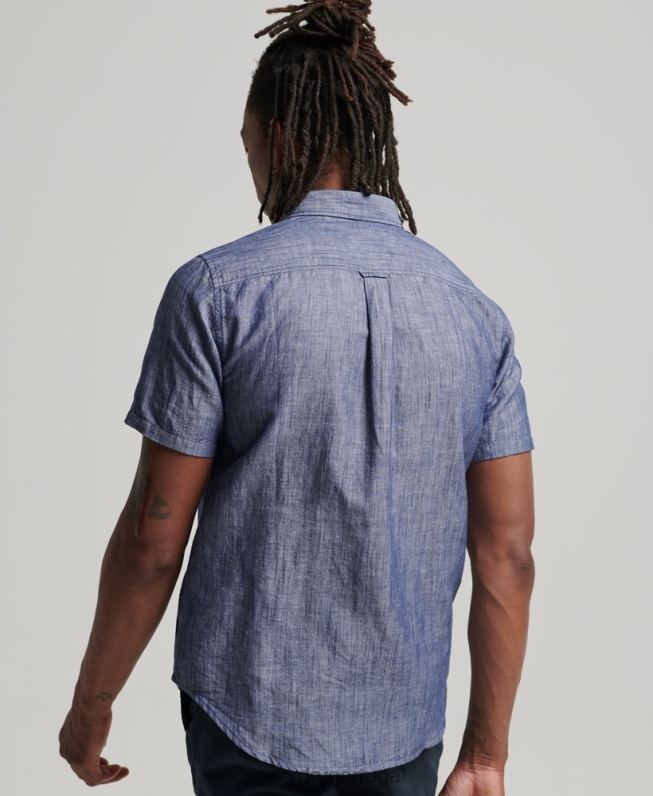 camisa de manga curta de linho de algodão orgânico homens azul escuro roupas Superdry 2208H198