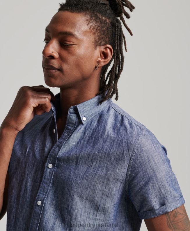camisa de manga curta de linho de algodão orgânico homens azul escuro roupas Superdry 2208H198