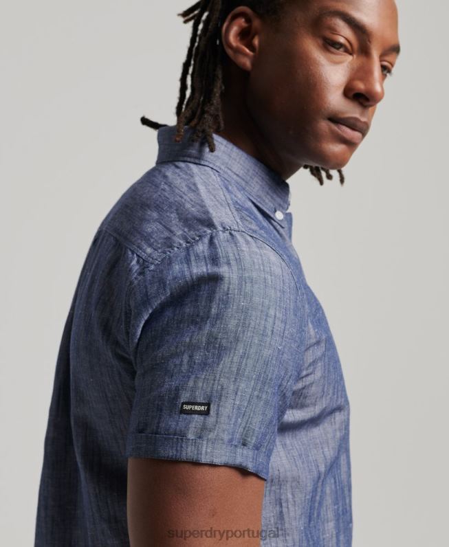camisa de manga curta de linho de algodão orgânico homens azul escuro roupas Superdry 2208H198