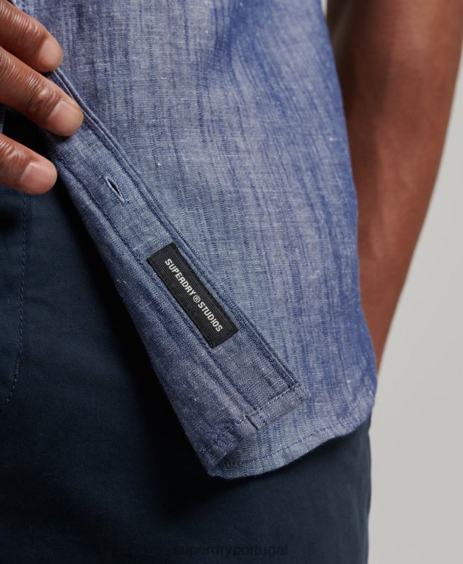 camisa de manga curta de linho de algodão orgânico homens azul escuro roupas Superdry 2208H198