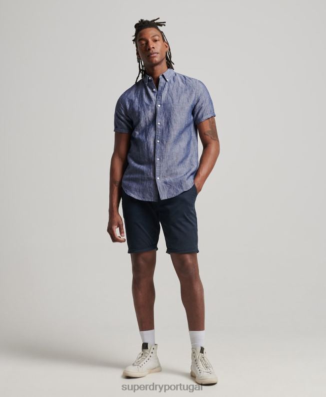 camisa de manga curta de linho de algodão orgânico homens azul escuro roupas Superdry 2208H198