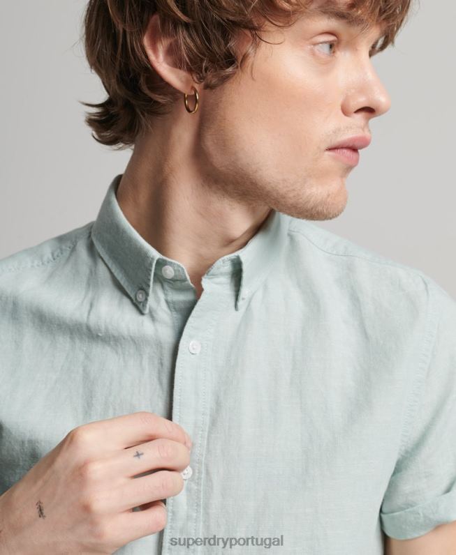 camisa de manga curta de linho de algodão orgânico homens azul roupas Superdry 2208H202