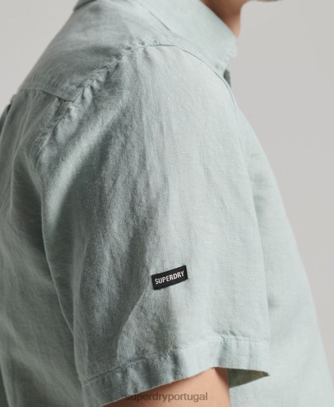 camisa de manga curta de linho de algodão orgânico homens azul roupas Superdry 2208H202