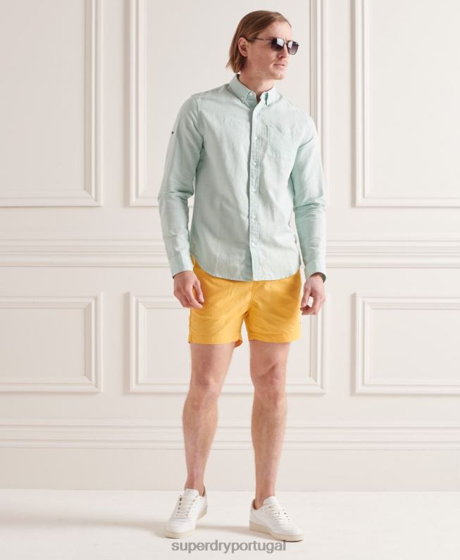 camisa de manga longa de linho de algodão homens verde roupas Superdry 2208H6440