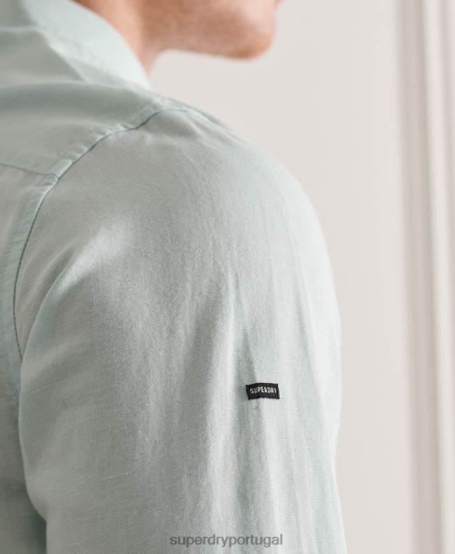 camisa de manga longa de linho de algodão homens verde roupas Superdry 2208H6440