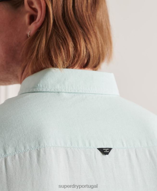 camisa de manga longa de linho de algodão homens verde roupas Superdry 2208H6440