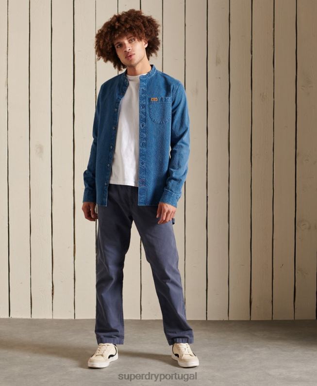 camisa de trabalho índigo henley homens azul roupas Superdry 2208H213