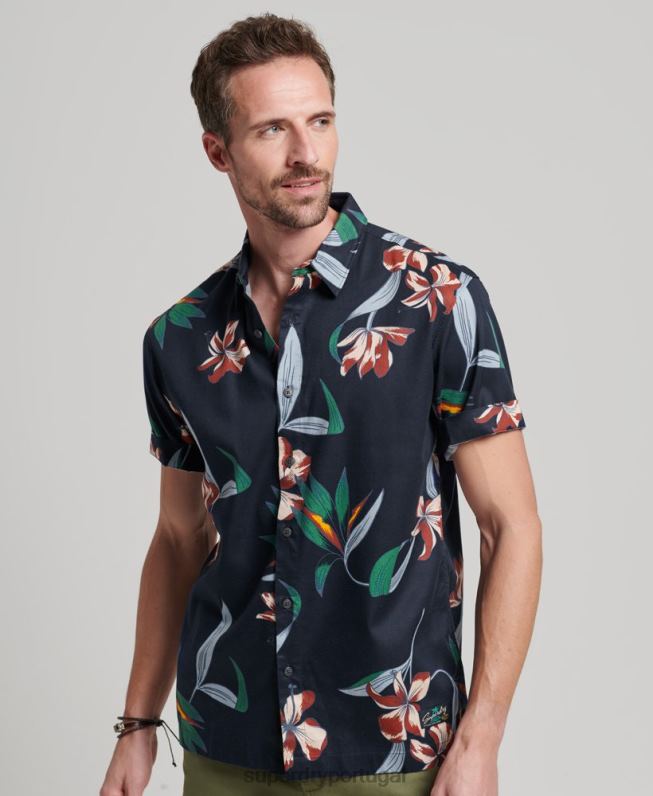 camisa havaiana de manga curta homens marinha roupas Superdry 2208H28