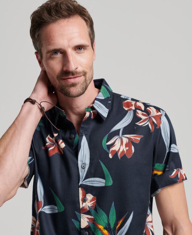 camisa havaiana de manga curta homens marinha roupas Superdry 2208H28