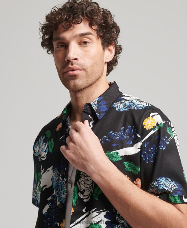 camisa havaiana de manga curta homens preto roupas Superdry 2208H124
