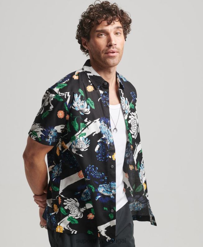 camisa havaiana de manga curta homens preto roupas Superdry 2208H124