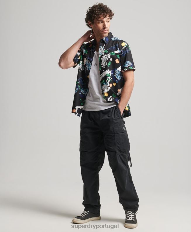 camisa havaiana de manga curta homens preto roupas Superdry 2208H124