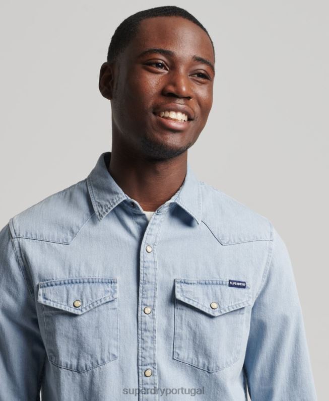 camisa ocidental vintage homens azul roupas Superdry 2208H218