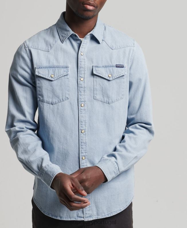 camisa ocidental vintage homens azul roupas Superdry 2208H218