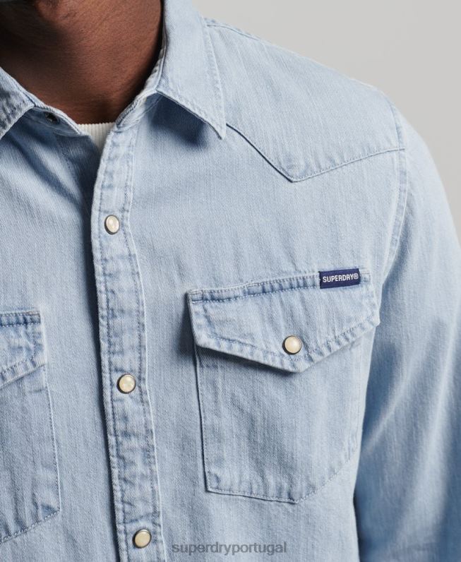 camisa ocidental vintage homens azul roupas Superdry 2208H218