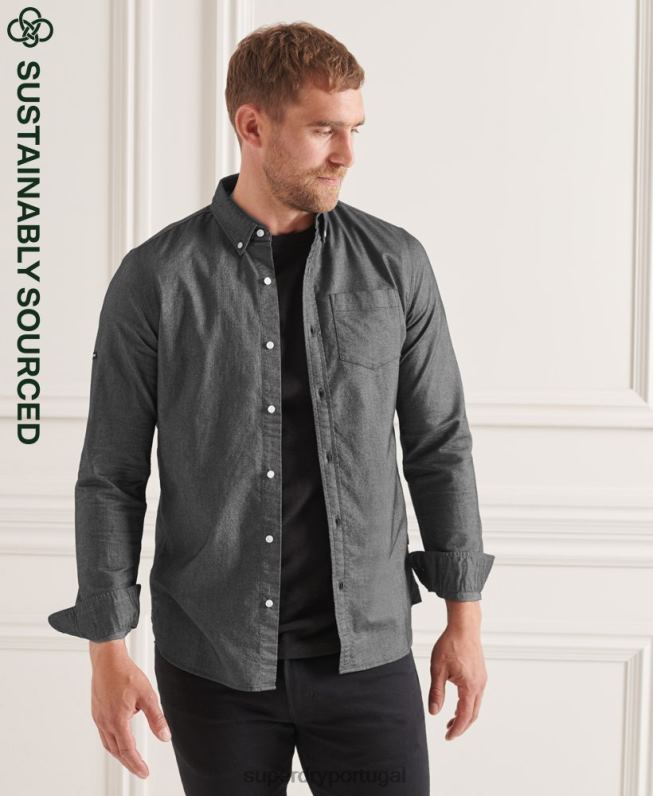 camisa uni oxford de algodão orgânico homens preto roupas Superdry 2208H221
