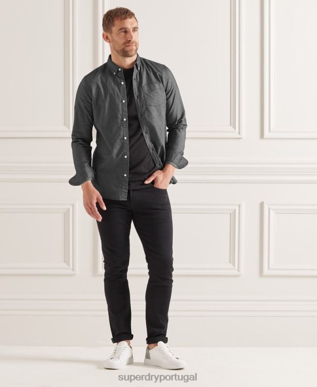 camisa uni oxford de algodão orgânico homens preto roupas Superdry 2208H221