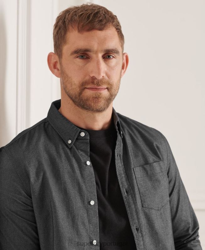 camisa uni oxford de algodão orgânico homens preto roupas Superdry 2208H221