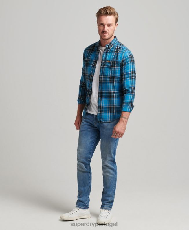 camisa xadrez de algodão orgânico homens azul roupas Superdry 2208H200