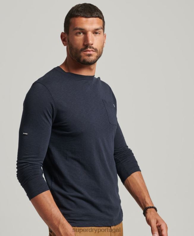 blusa de jérsei de manga comprida de algodão orgânico homens marinha roupas Superdry 2208H6479