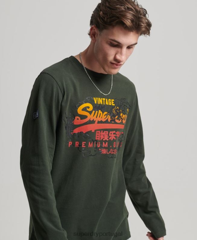 blusa de manga longa narrativa com logo vintage homens verde roupas Superdry 2208H1563
