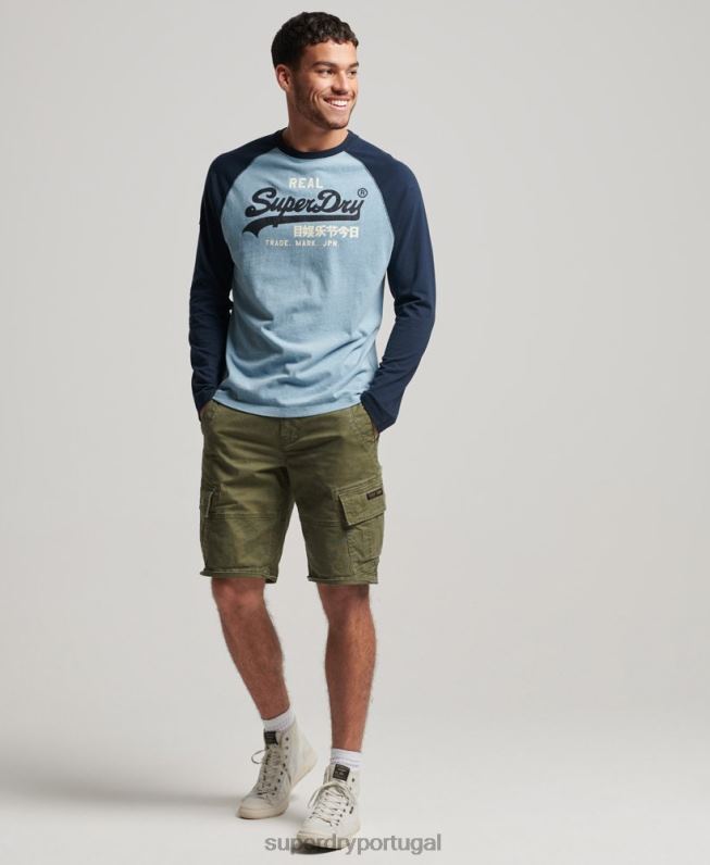 blusa de manga longa raglã vintage de algodão orgânico homens azul roupas Superdry 2208H1467