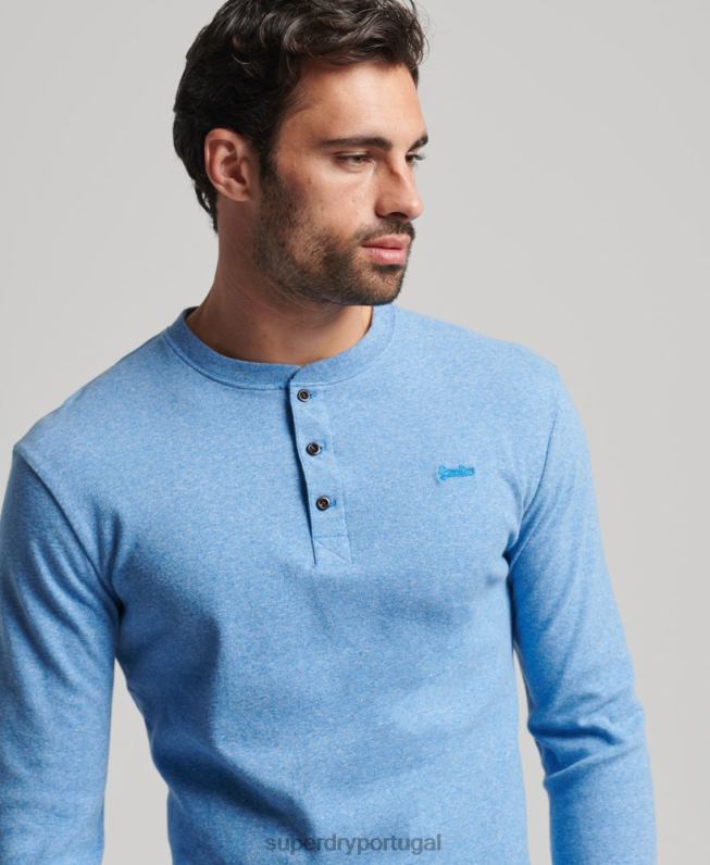 blusa henley vintage de algodão orgânico com logo bordado homens azul roupas Superdry 2208H1556